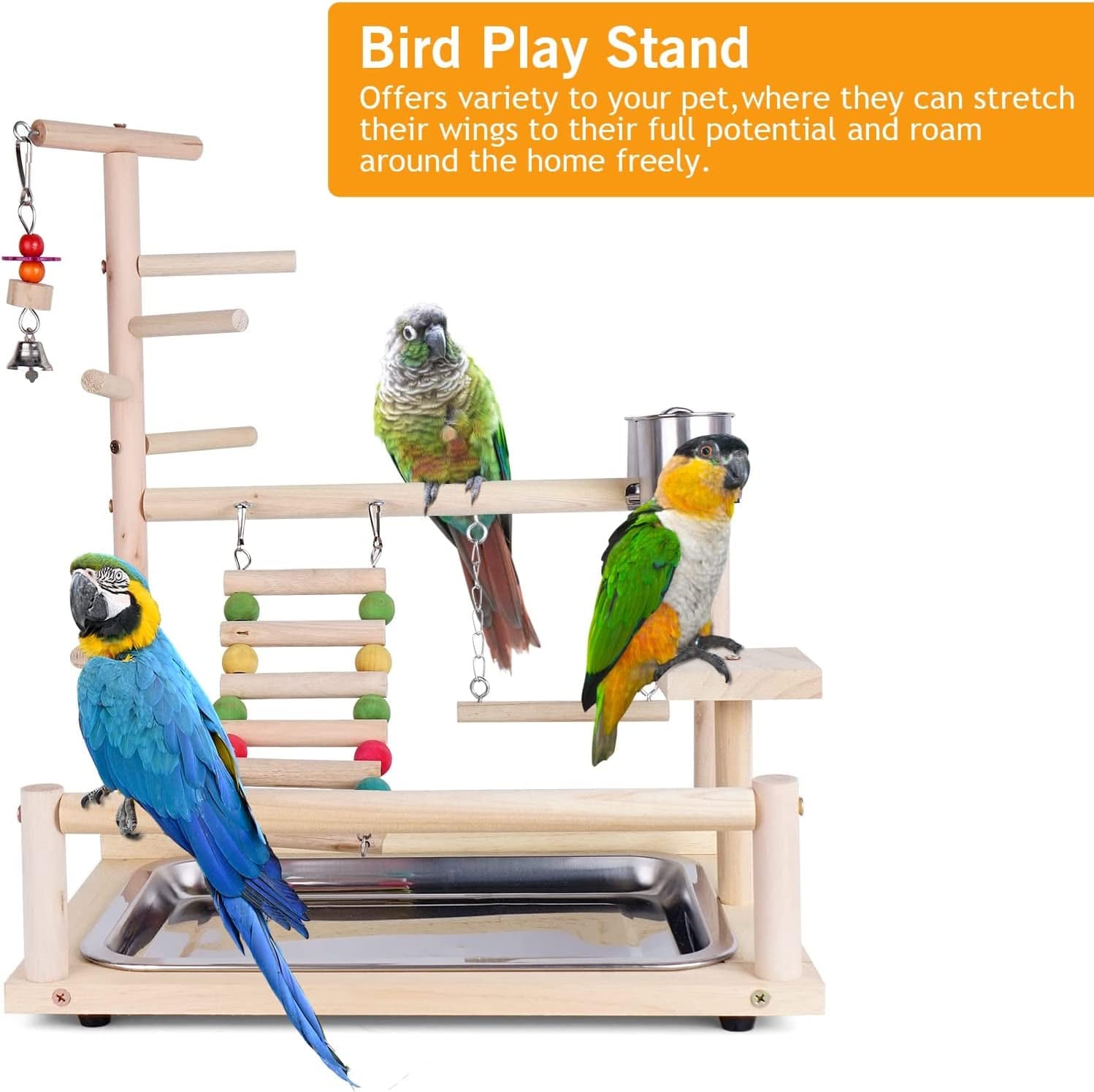 Bird Play Stand, Natural Wooden Bird Playground Birds Gym Bird Toy Accessories with Stainless Steel Feeding Stair Swing for Parrots, Finches # 2
