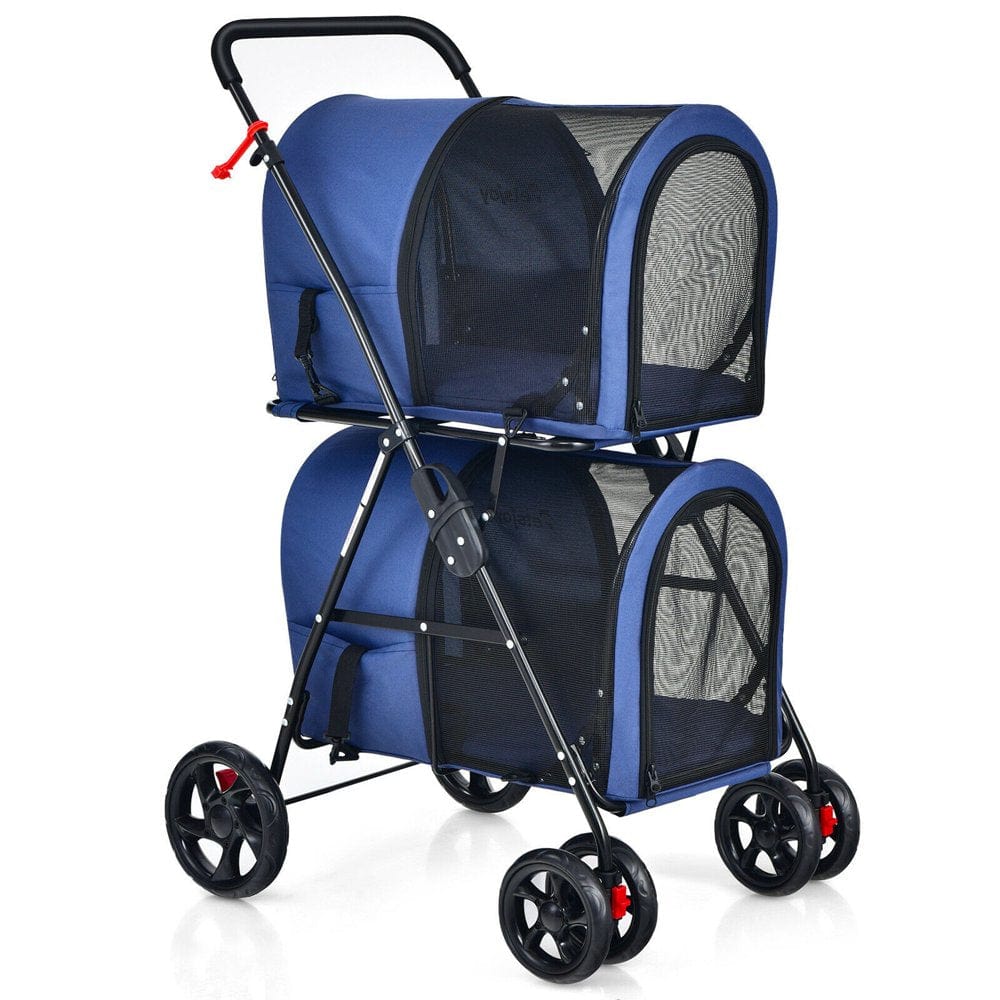 4-In-1 Double Pet Stroller W/ Detachable Carrier Travel Carriage for Cats Blue