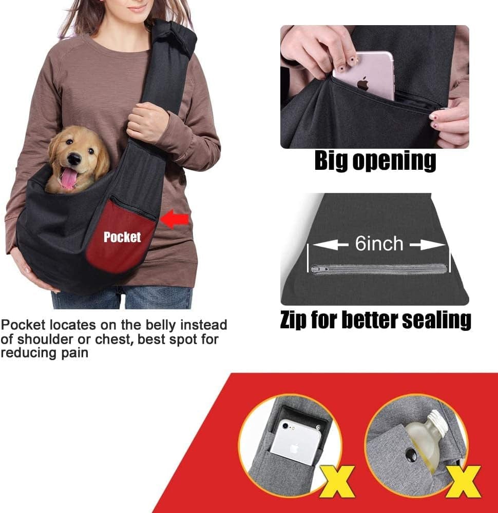 Dog Cat Sling Carrier Adjustable Padded Shoulder Strap with Large Zipper Pocket & Mesh Pocket for Outdoor Travel