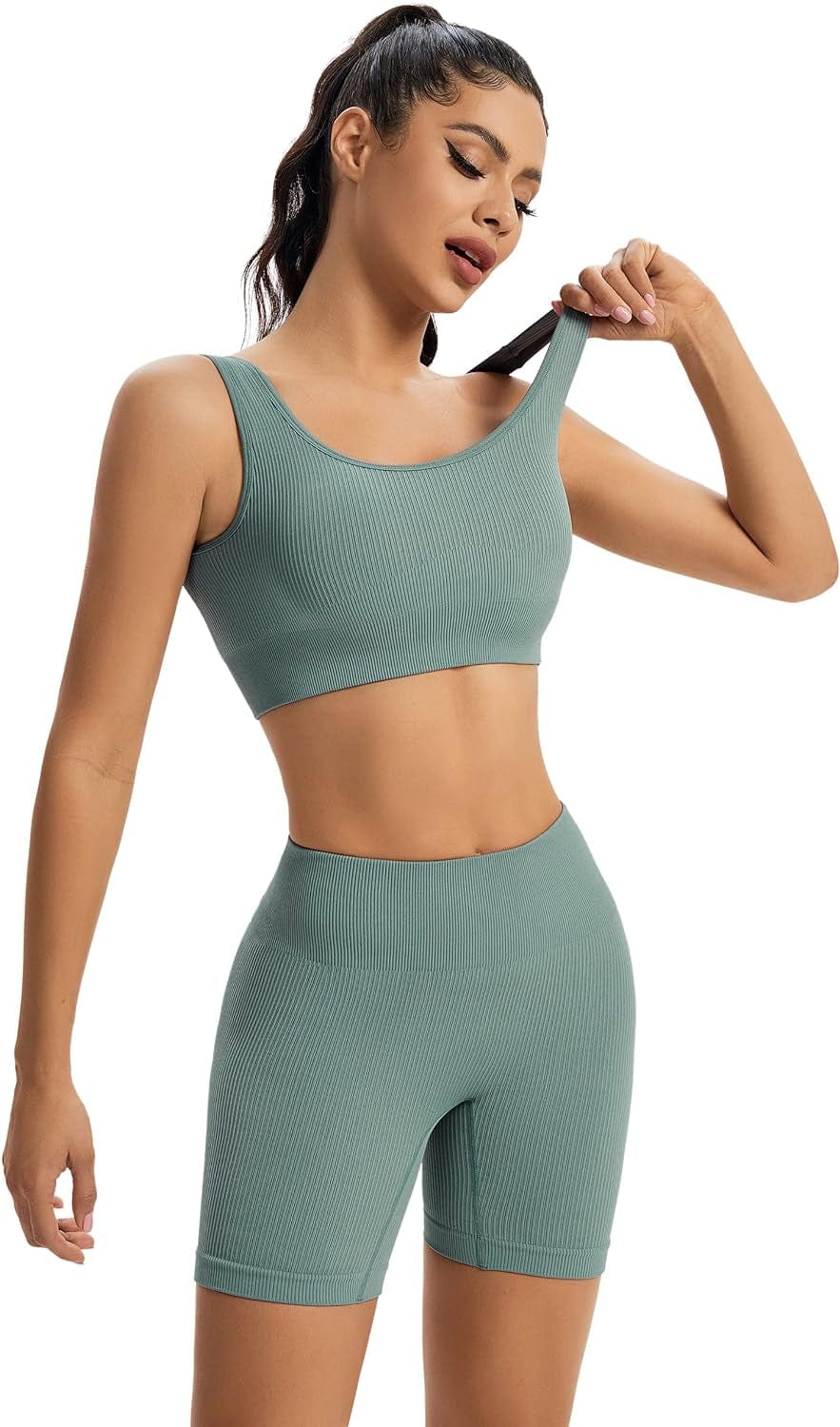 Ribbed Workout Sets for Women 2 Piece Square Neck Crop Top and High Waist Biker Shorts Seamless Activewear Tracksuit