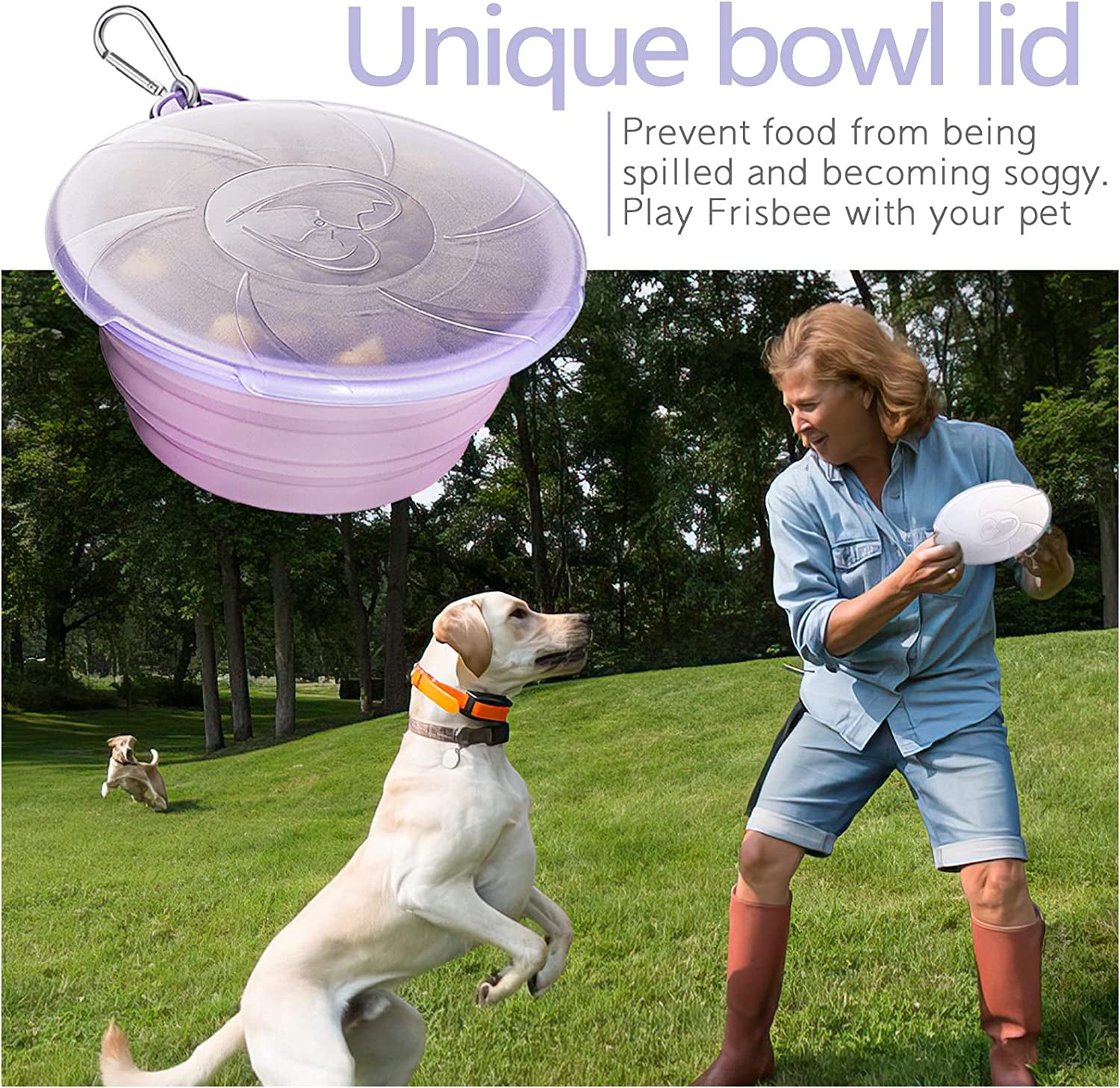 Collapsible Dog Bowls - Portable Travel Dog Bowls with Lids & Carabiners, 1 Pack Silicone Feeding Watering Purple Pet Bowls for Dogs Cats, 450Ml/15Oz Collapsable Doggy Bowl for Walking Hiking Camping