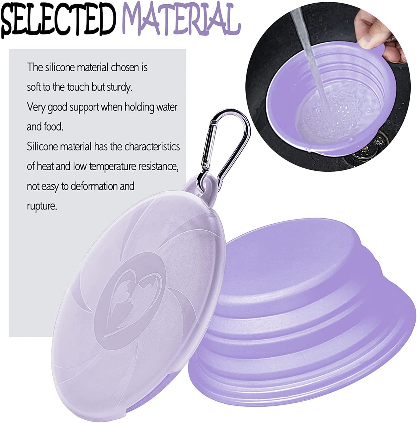 Collapsible Dog Bowls - Portable Travel Dog Bowls with Lids & Carabiners, 1 Pack Silicone Feeding Watering Purple Pet Bowls for Dogs Cats, 450Ml/15Oz Collapsable Doggy Bowl for Walking Hiking Camping